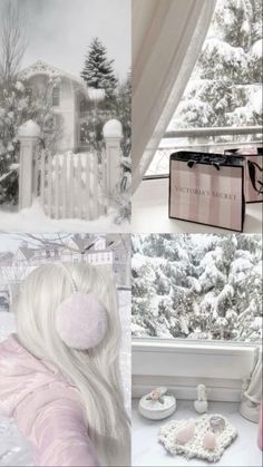 a collage of photos with white hair and accessories in front of a snowy scene