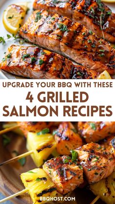 grilled salmon and pineapple skewers with text overlay