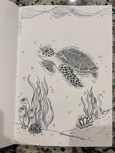 a drawing of a turtle swimming in the ocean