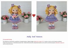 two pictures of a doll with blonde hair and blue dress holding a heart in her hands