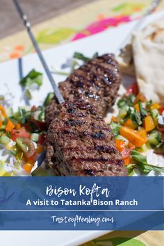 there is a steak on the plate with vegetables and bread next to it that says berry kefta, a visit to taramba bison ranch