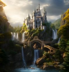 a castle on top of a waterfall with a bridge