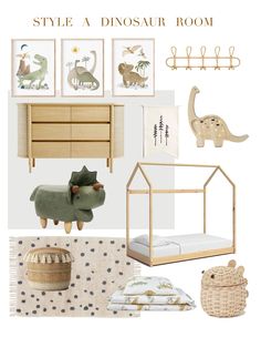 a kid's room with dinosaur prints and toys