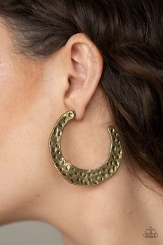 Radiating with hammered detail, an asymmetrical brass hoop curls around the ear for a casual look. Earring attaches to a standard post fitting. Hoop measures 2" in diameter. Brass Hoop Earrings, Brass Hoops, Paparazzi Accessories, Copper Rings, White Rhinestone, The Ear, Paparazzi Jewelry, Brass Earrings, Brass Chain