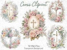 cross clipart with floral wreaths and flowers on it, including roses, an egg,