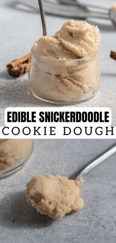 edible snickkerdoodle cookie dough in a glass bowl with cinnamon sticks on the side