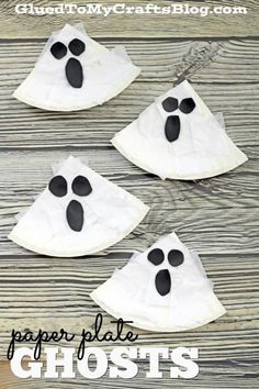 paper plate ghost craft for kids with black footprints on white paper and text overlay that reads, paper plate ghosts