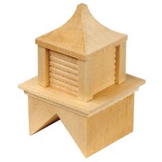 a small wooden structure with a roof on it's top and bottom part in the shape of a tower