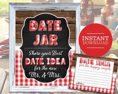 a sign that says date jar and next to it is a red checkered table cloth