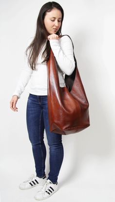 "LEATHER HOBO BAG - leather BOHO This hobo is the perfect size to carry your daily essentials in style! It is made from high quality leather. This bag is perfect as your everyday bag, which can fit an IPAD, A4 files, books, magazines, cosmetic bag as well as many accessories. DIMENSIONS: * height of bag with strap: 31,5\" (80 cm) * height without strap: 11.8\" (30 cm) * width at the top: 21.3\" (54 cm) * rectangle shaped bottom: 11.5\" x 9,5 (24 cm x 29 cm) * Internal pockets for mobile phone an Sewing Reference, Full Grain Leather Bag, Boho Leather Bags, Slouchy Hobo Bag, Pretty Purses, Leather Work Bag, Large Leather Bag, Slouchy Bag, Boho Handbags