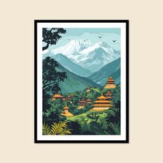 a poster with mountains in the background