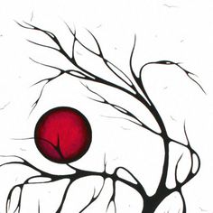 a drawing of a tree with a red ball hanging from it's branches, on a white background