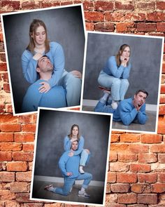 three different pictures of a man and woman posing for a family photo in front of a brick wall