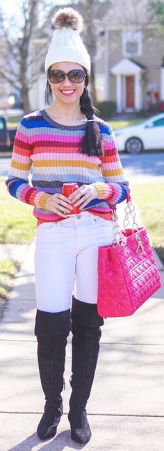 multicolored sweater, white jeans, black over the knee boots, white beanie, sunglasses, and pink Dior soft tote #momfashion #momstyle #winterstyle #winterfashion | striped sweater outfit | striped sweater outfit winter | striped sweater outfit fall | white jeans outfit | white jeans outfit winter | white jeans outfit fall | how to wear white jeans in winter | how to wear winter jeans in fall | over the knee boots outfit | over the knee boots outfit winter | over the knee boots outfit casual Over The Knee Boot Outfit Casual, White Jeans Outfit Fall, White Jeans In Winter, White Jeans Outfit Winter, White Jeans Fall, How To Wear Cardigan, Striped Sweater Outfit, How To Wear White Jeans, Multicolored Sweater