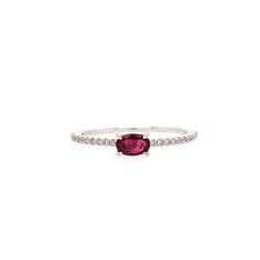 This stunning Cherry Red Ruby Ring in 14K White Gold has a unique East West Oval 5x4mm prong setting and is surrounded by natural diamonds in a pave shank for a luxurious look. Perfect for any special occasion. This setting is currently priced with solid 14k gold and natural, earth-mined SI G/H diamonds. Modern Silver Ruby Ring With Oval Shape, Oval Pink Gold Ruby Ring Fine Jewelry, East West Ruby Ring, East West Oval Sapphire Ring, Oval Ruby Jewelry With Faceted Detail, Red Ruby Ring, Jewelry Safe, July Birthstone, Red Ruby