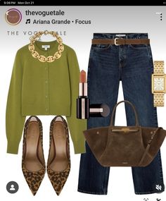 Green Brown Aesthetic Outfit, How To Style A Green Sweater, Jeans And Sweater Outfit Casual, Mom Clothing Style, Leopard Outfit Ideas, Leopard Print Shoes Outfit, Outfit Verde, Green Sweater Outfit, Casual Luxe