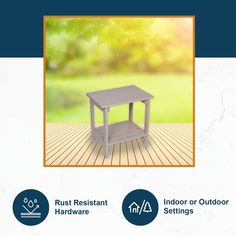 an outdoor table with the words rust resistant and indoor or outdoor settings in front of it