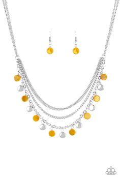 Mismatched silver chains layer below the collar. Shell-like yellow beads and shiny silver beads trickle from the lowermost chain, creating an iridescent fringe. Features an adjustable clasp closure. Sold as one individual necklace. Includes one pair of matching earrings. Yellow Necklace, Silver Chains, Paparazzi Accessories, Exclusive Jewelry, Inspired Jewelry, Paparazzi Jewelry, Red Bead, Short Necklace, Shiny Silver