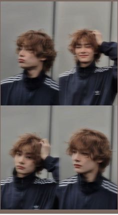 four different shots of a young man with wavy hair