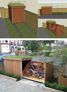 an outdoor storage shed with a bike in it and another side view of the building