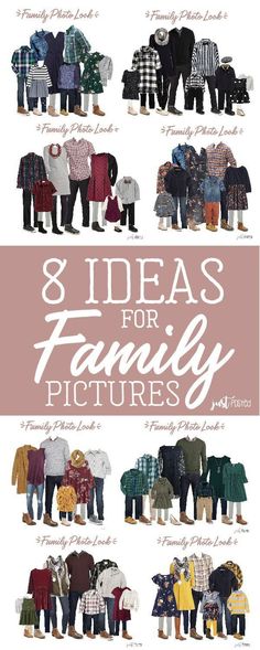 an image of family pictures with the words 8 ideas for family pictures in white and pink