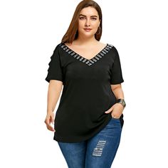 Plus Size V Neck Sequin Ripped T-shirt - Black - 3B65181615 - Women's Clothing, Plus Size Women's Clothing  #PlusSizeWomensClothing #Women's #Clothing # #Plus #Size #Women's #Clothing Cute Plus Size Clothes, Ripped Tee, Ripped Tshirt, Clothing Sites, Trendy Plus Size Clothing, Plus Size Womens Clothing, Fashion Seasons, Plus Size T Shirts, Plus Size Tops