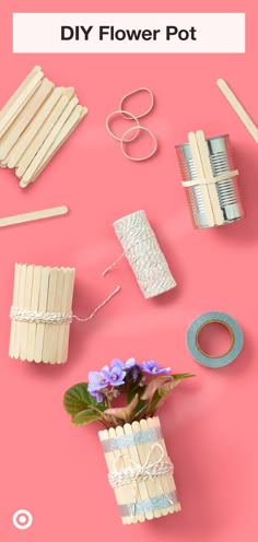 diy flower pot made out of popsicle sticks and other crafting supplies on a pink background