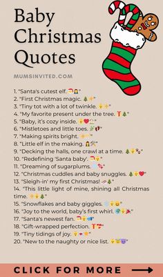 baby christmas quotes with santa's stocking hanging from the top, and an arrow pointing