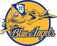 the blue angels logo is shown in yellow and blue with an image of two fighter jets