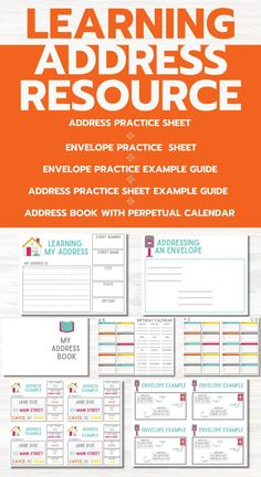 an orange and white poster with the words learning address resources on it's cover