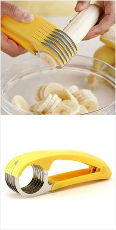 bananas being peeled and cut in half with a banana peeler