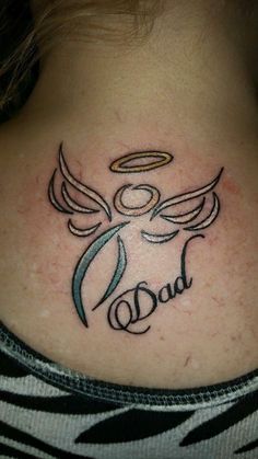 the back of a woman's neck with an angel and word dad on it