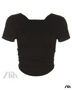 Zlily - Solid Color Sexy and Stylish Square Neck Open Back Blouse Flirty Fitted Crop Top With Short Sleeves, Fitted Flirty Short Sleeve Crop Top, Fitted Flirty Crop Top, Flirty Short Sleeve Top For Night Out, Flirty Solid Top For Night Out, Black Stretch Flirty Top, Flirty Black Stretch Top, Chic Scoop Neck Top For Night Out, Fitted Scoop Neck Top For Night Out