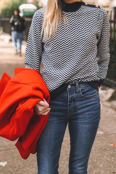 Navy Herringbone Sweater - Kelly in the City Herringbone Sweater Outfit, Herringbone Sweater, Kelly In The City, Sunglasses Shop, Ray Ban Sunglasses, High Rise Jeans, Holiday Outfits, Cole Haan