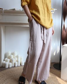 "Made of 100% stone washed linen, high waisted loose pants with side pockets. Our linen fabric is comfortable, softened and eco friendly. Suitable for spring and summer, elastic waistband with a belt. Available color: Mustard yellow Dusty pink Size chart Size S: Flexible Waist - around 58 cm - 96 cm / 22.8\" - 38\" Hips - around 106 cm / 41.8\" Length - around 90 cm / 35.4\" Size M: Flexible Waist - around 62 cm - 98 cm / 24.4\" - 38.58\" Hips - around 110 cm / 43.3\" Length - around 92 cm / 36. Baggy Linen Wide-leg Pants, Bohemian Wide-leg Linen Pants, Linen Wide-leg Pants For Loungewear, High Waisted Loose Pants, Wide-leg Linen Harem Pants For Loungewear, Relaxed Fit Full-length Linen Bottoms, Loose Trousers, Wide Leg Linen Pants, Loose Pants