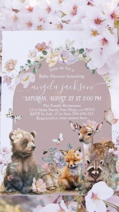 an animal themed baby shower is shown with flowers and deers on the side, along with a pink background