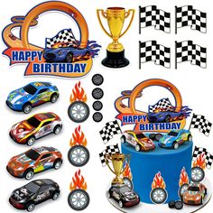 a birthday cake with racing cars and trophies on it's side, including a cupcake topper