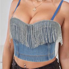 This Is Brand New Never Worn Or Washed Tassel Rhinestone Denim Bustier Crop Top Jean Corset. Size Is Small And Fabric Is Denim. Additional Size Details In The Photos. Straps Are Like Bra Straps And Adjustable And Removable. Great For A Trip To Nashville, A Bachelorette, Country Concert, Or A Night Out. Blue Sleeveless Denim Top For Party, Trendy Denim Blue Top For Party, Trendy Blue Denim Top For Party, Jean Corset, Rhinestone Denim, Denim Bustier, Top Jean, Country Concert, Country Concerts