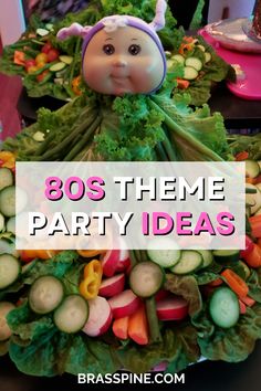 a cake made to look like a doll with vegetables on it and the words 80 theme party ideas