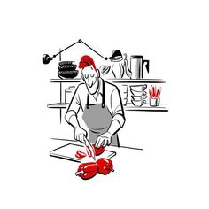 a man in an apron is cutting red lobsters