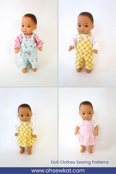 four different pictures of a baby doll wearing clothes