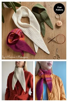 three pictures showing different types of knitted scarves