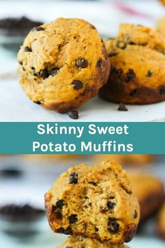 two pictures showing the inside and outside of a muffins with chocolate chips on top