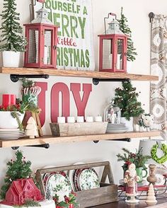 a christmas table setting with red and green decorations on top of the tables, including plates, cups, bowls and napkins