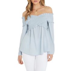 Vici Ascension Top Smocked Panels Texture The Off-The-Shoulder Neckline Of A Flattering Top With A Gently Flared Silhouette And Sleeves. Long Sleeves Polyester Hand Wash Color: Waterlily, Pale Blue Style Number: Vt0143 Size Medium New With Tags Flowy Smocked Top For Spring, Spring Flowy Smocked Top For Brunch, Brunch Peasant Top With Smocked Bodice, Flowy Smocked Bodice Peasant Top For Spring, Flowy Smocked Casual Top For Spring, Flowy Smocked Top For Brunch, Chic Flowy Smocked Top With Smocked Bodice, Chic Smocked Top With Elastic Neckline For Brunch, Chic Flowy Smocked Top