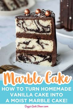 a close up of a piece of cake on a plate with the words marble cake how to turn homemade vanilla cake into a most marble cake