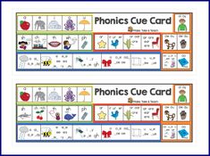 two printable phonicic cue cards with pictures on them