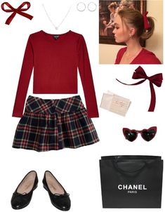 Red Ribbon Outfit Aesthetic, Jenna Marshall Outfits, Plaid Red Skirt Outfit, Coquette Christmas Outfit, Red Rose Outfit, Red Outfit Winter, Red Christmas Outfit, Christmas Ootd, Lily Rose Depp