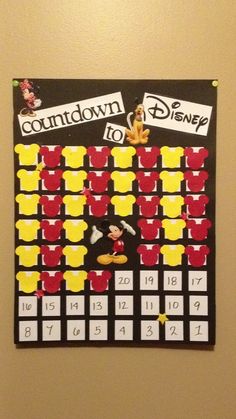 a bulletin board with mickey mouses on it and the words, countdown to disney