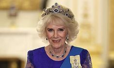 an older woman wearing a tiara and smiling at the camera while standing in a room